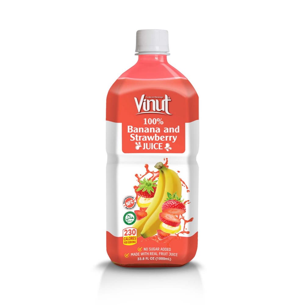VINUT 100% banánová a jahodová šťáva, NFC, bez přidaného cukru, PET lahev, 33.8 fl oz 1000 mL