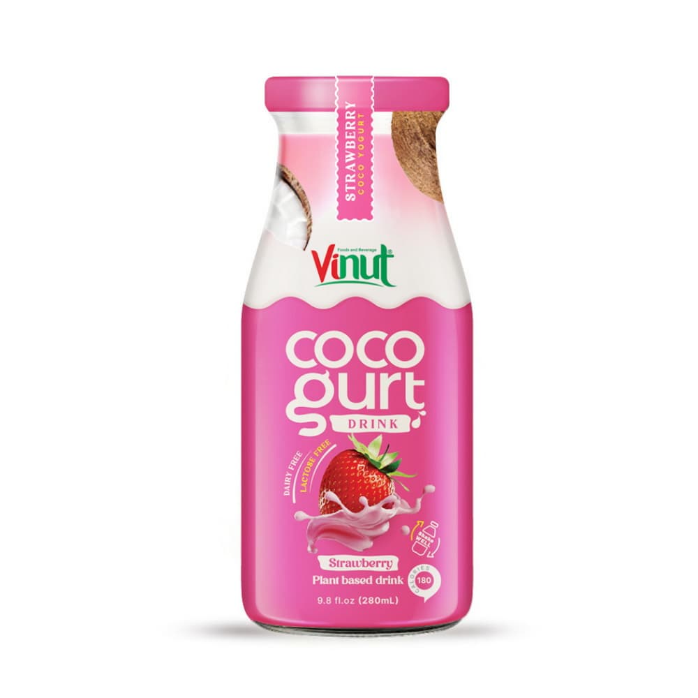 VINUT Cocogurt jahodový, rostlinný nápoj, skleněná láhev, 9.8 fl oz 280 mL